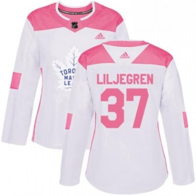 Womens Adidas Toronto Maple Leafs 37 Timothy Liljegren Authentic White Pink Fashion NHL Jersey