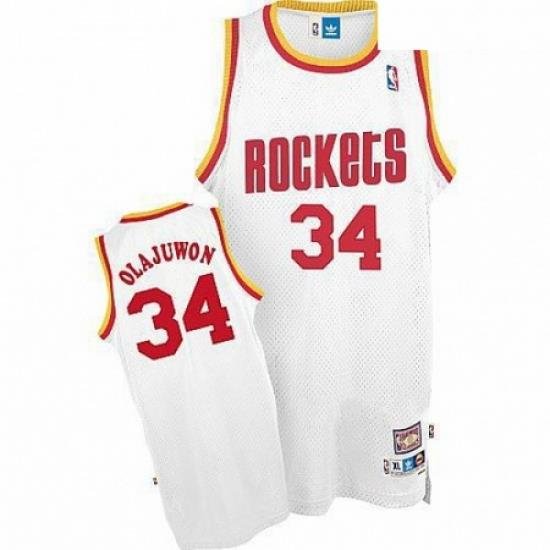 Mens Mitchell and Ness Houston Rockets 34 Hakeem Olajuwon Authentic White Throwback NBA Jersey