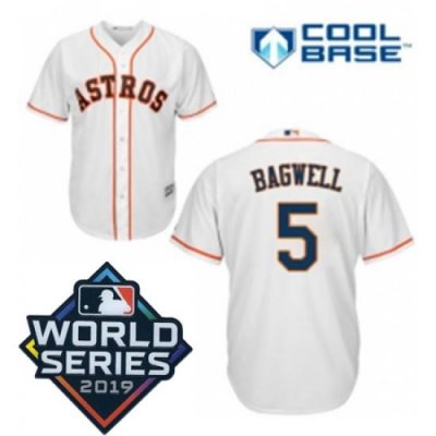 Youth Majestic Houston Astros 5 Jeff BagWell White Home Cool Base Sitched 2019 World Series Patch Jersey