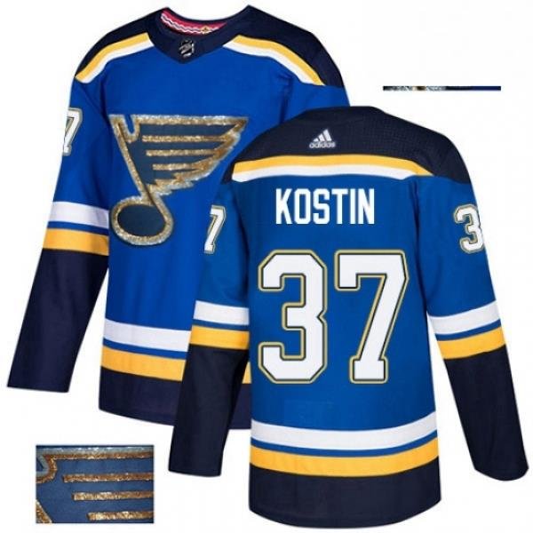 Mens Adidas St Louis Blues 37 Klim Kostin Authentic Royal Blue Fashion Gold NHL Jersey