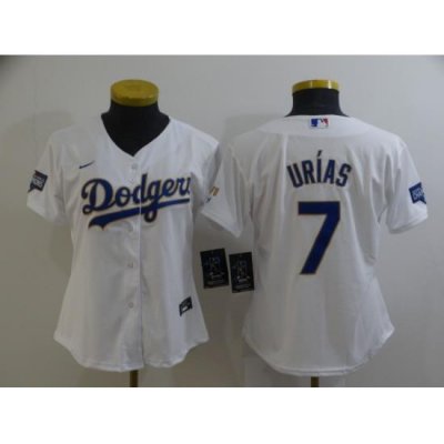 Women Los Angeles Dodgers Julio Urias 7 Championship Gold Trim White Limited All Stitched Cool Base Jersey