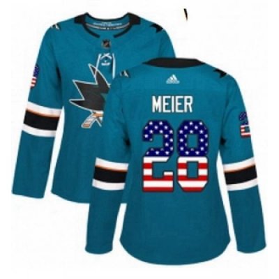 Womens Adidas San Jose Sharks 28 Timo Meier Authentic Teal Green USA Flag Fashion NHL Jersey