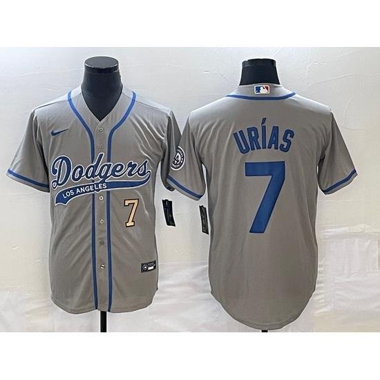 Men's Los Angeles Dodgers #7 Julio Urias Number Grey With Patch Cool Base Stitched Baseball Jersey