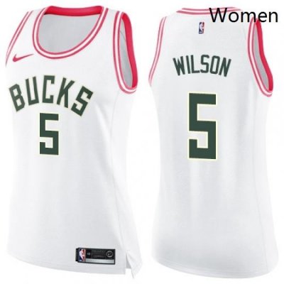 Womens Nike Milwaukee Bucks 5 D J Wilson Swingman WhitePink Fashion NBA Jersey