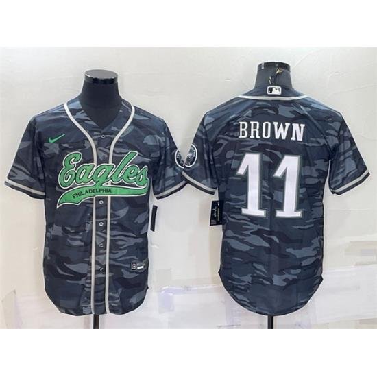 Men Philadelphia Eagles 11 A  J  Brown Grey Camo With Patch Cool Base Stitched Baseball Jersey