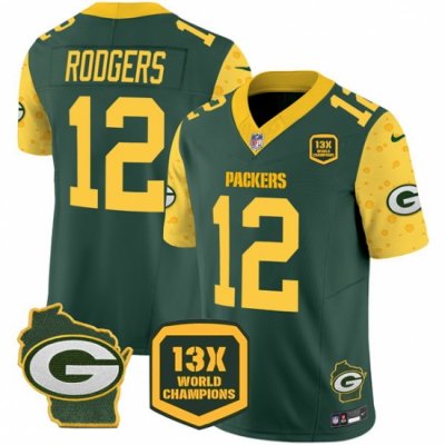 Men Green Bay Packers 12 Aaron Rodgers Cheese Green 2024 F U S E  13 Time World Champions And Home Patch Vapor Untouchable Limited Stitched Football Jersey