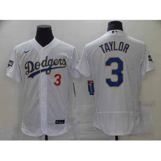 Men Los Angeles Dodgers  Chris Taylor 3 Championship Gold Trim White Limited All Stitched Flex Base Jersey