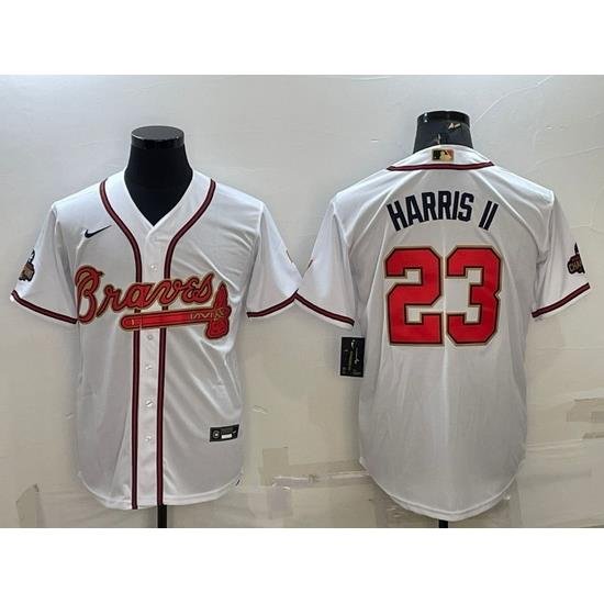 Men Atlanta Braves 23 Michael Harris II White Gold World Series Champions Program Cool Base Stitched Baseball Jersey