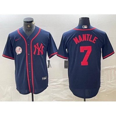 Men NeW York Yankees 7 Mickey Mantle Navy With Patch Cool Base Stitched Baseball Jersey