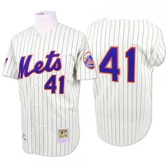 Mens Mitchell and Ness NeW York Mets 41 Tom Seaver Replica WhiteBlue Strip ThroWback MLB Jersey