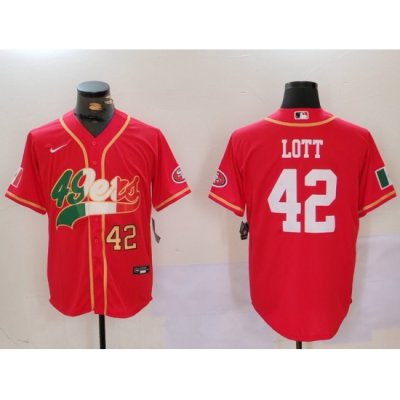 Men San Francisco 49ers 42 Ronnie Lott Red With Patch Cool Base Stitched Baseball Jersey 3