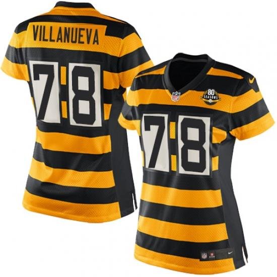 Womens Nike Pittsburgh Steelers #78 Alejandro Villanueva Elite YelloW Black Alternate 80TH Anniversary ThroWback NFL Jersey