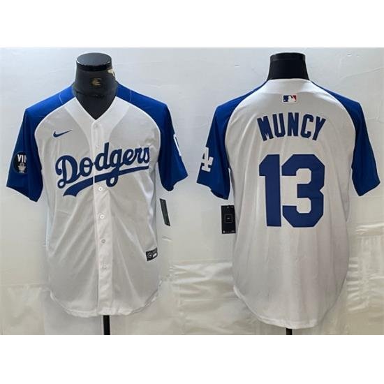 Men Los Angeles Dodgers 13 Max Muncy White Blue Vin Patch Cool Base Stitched Baseball Jersey