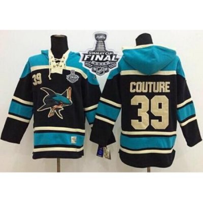 Men San Jose Sharks 39 Logan Couture Black Sawyer Hooded Sweatshirt 2016 Stanley Cup Final Patch Stitched NHL Jersey