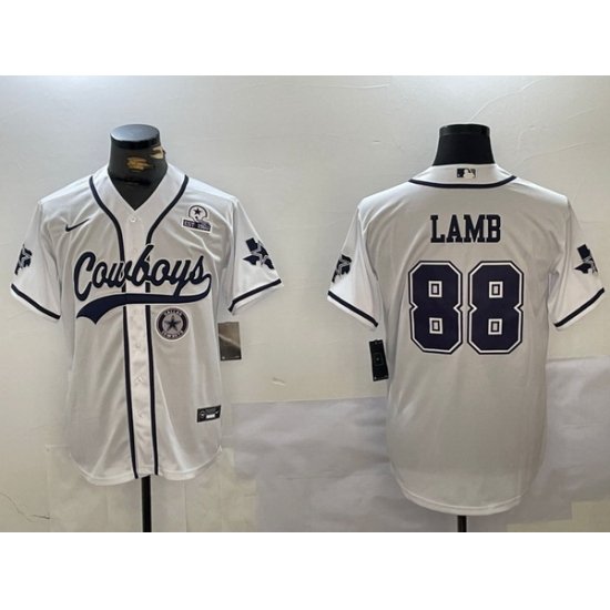 Men Dallas Cowboys 88 CeeDee Lamb White With Patch Cool Base Stitched Baseball Jersey 1