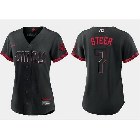 Women Cincinnati Reds 7 Spencer Steer Black 2023 City Connect Stitched Baseball Jersey  Run Small