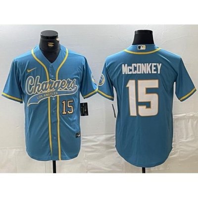 Men Los Angeles Chargers 15 Ladd McConkey Blue Cool Base Stitched Baseball Jersey 1