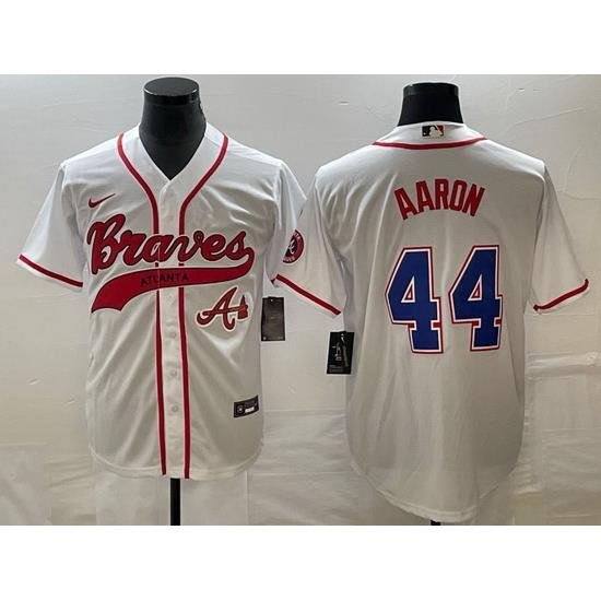 Men Atlanta Braves 44 Hank Aaron White Cool Base With Patch Stitched Baseball Jersey