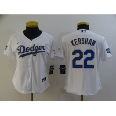 Women Los Angeles Dodgers Clayton KershaW 22 Championship Gold Trim White All Stitched Cool Base Jersey