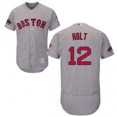 Mens Majestic Boston Red Sox 12 Brock Holt Grey Road Flex Base Authentic Collection 2018 World Series Jersey Serie