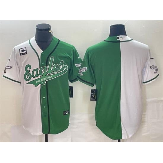 Men Philadelphia Eagles Blank Green White Split With 3 Star C Patch Cool Base Stitched Baseball Jersey