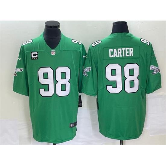 Men Philadelphia Eagles 98 Jalen Carter Green Vapor Limited With C Patch Stitched Football Jersey