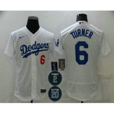 Men Los Angeles Dodgers 6 Trea Turner White 2 20 Patch Stitched MLB Flex Base Nike Jersey