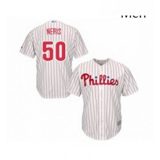 Mens Philadelphia Phillies 50 Hector Neris Replica White Red Strip Home Cool Base Baseball Jersey