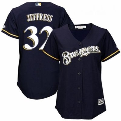 Womens Majestic Milwaukee Brewers 32 Jeremy Jeffress Authentic Navy Blue Alternate Cool Base MLB Jersey