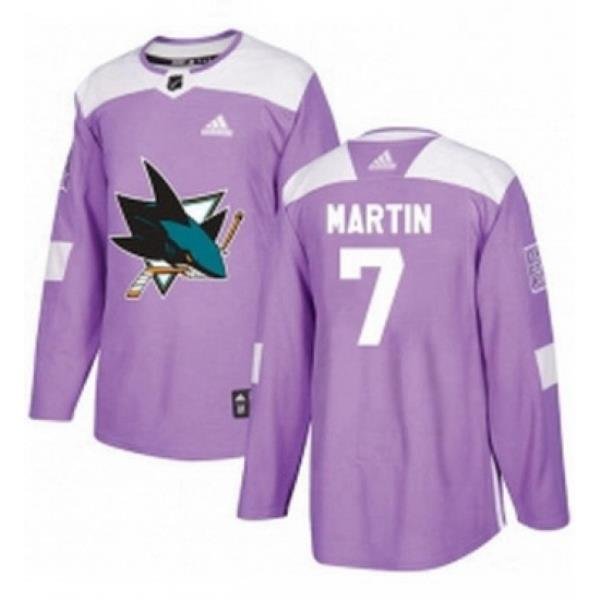 Mens Adidas San Jose Sharks 7 Paul Martin Authentic Purple Fights Cancer Practice NHL Jersey