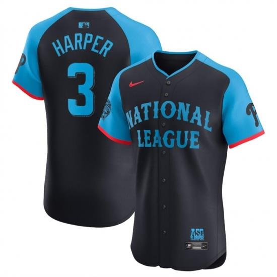 Men National League 3 Bryce Harper Navy 2024 All Star Elite Stitched Baseball Jersey