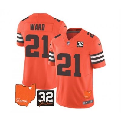 Men Cleveland Browns 21 Denzel Ward Orange 2023 F U S E  With Jim Brown Memorial Patch Vapor Untouchable Limited Stitched Jersey