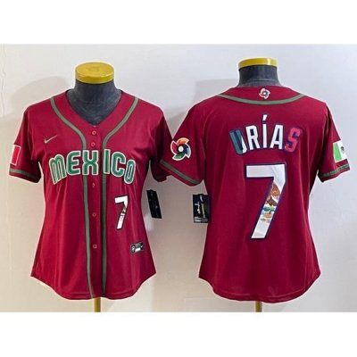 Women's Mexico Baseball #7 Julio Urias Number 2023 Red World Baseball Classic Stitched Jersey