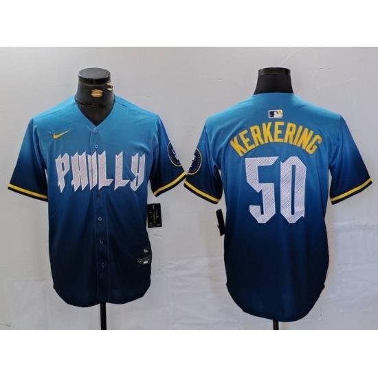 Men Philadelphia Phillies 50 Orion Kerkering Blue 2024 City Connect Limited Stitched Jersey 5