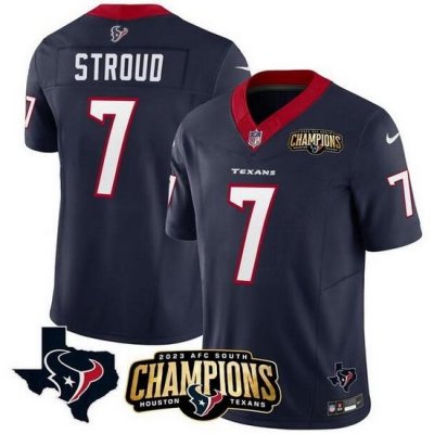 Men Houston Texans 7 C J  Stroud Navy 2023 F U S E  AFC South Champions Patch And Team Logo Patch Vapor Untouchable Limited Stitched Football Jersey