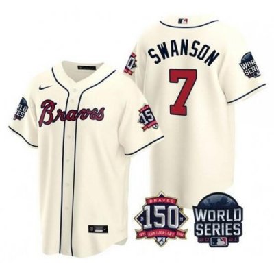 Men Atlanta Braves 7 Dansby SWanson 2021 Cream World Series With 150th Anniversary Patch Cool Base Stitched Jersey