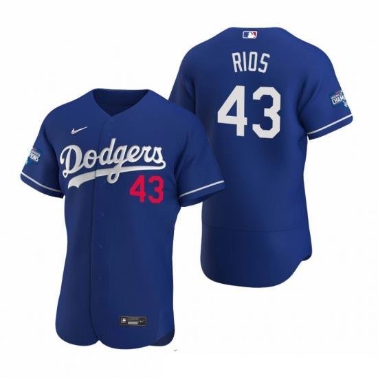 Men Los Angeles Dodgers 43 EdWin Rios Royal 2020 World Series Champions Flex Base Jersey