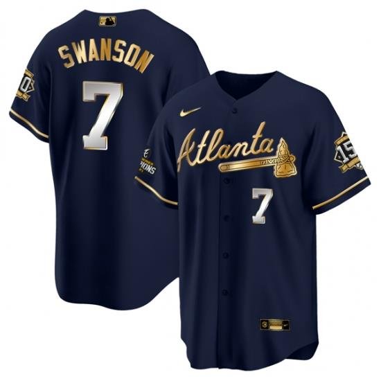 Men Atlanta Braves 7 Dansby SWanson 2021 Navy Gold World Series Champions With 150th Anniversary Patch Cool Base Stitched Jersey