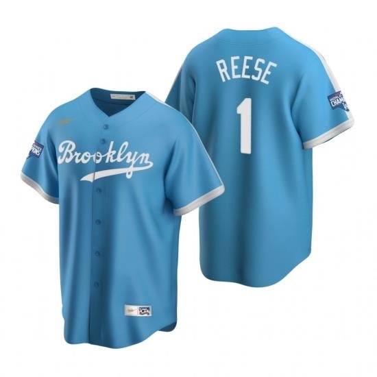 Men Brooklyn Los Angeles Dodgers 1 Pee Wee Reese Light Blue 2020 World Series Champions CooperstoWn Collection Jersey