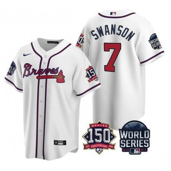 Men Atlanta Braves 7 Dansby SWanson 2021 White World Series With 150th Anniversary Patch Cool Base Stitched Jersey