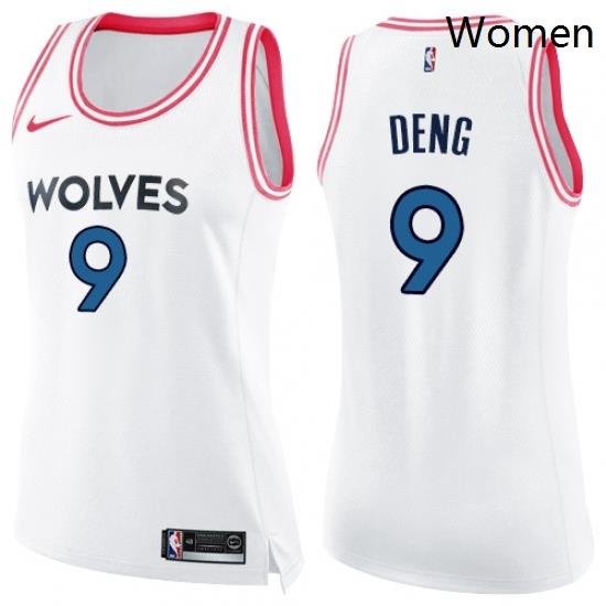 Womens Nike Minnesota Timberwolves 9 Luol Deng Swingman White Pink Fashion NBA Jersey