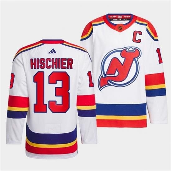 Men New Jersey Devils 13 Nico Hischier White 2022 23 Reverse Retro Stitched Jersey