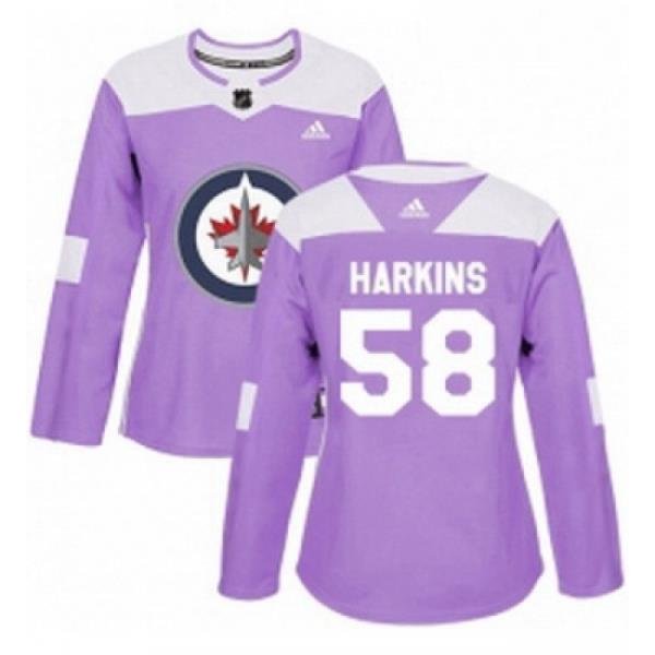 Womens Adidas Winnipeg Jets 58 Jansen Harkins Authentic Purple Fights Cancer Practice NHL Jersey