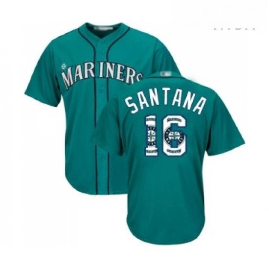 Mens Seattle Mariners 16 Domingo Santana Authentic Teal Green Team Logo Fashion Cool Base Baseball Jersey