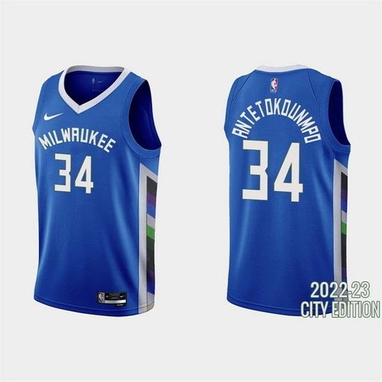 Men Milwaukee Bucks 34 Giannis Antetokounmpo 2022 23 Blue City Edition Stitched Basketball Jersey