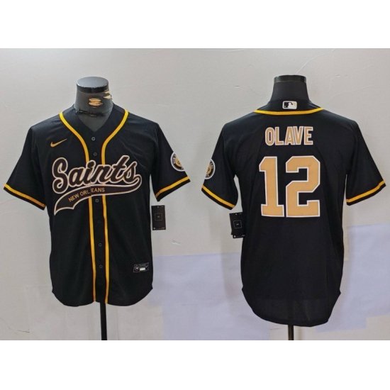 Men New Orleans Saints 12 Chris Olave Black Cool Base Stitched Baseball Jersey1