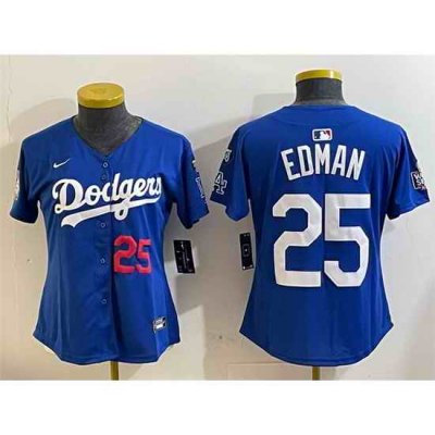 Women Los Angeles Dodgers 25 Tommy Edman Royal 2024 World Series With Fernando Memorial Patch Alternate Limited Stitched Baseball Jersey