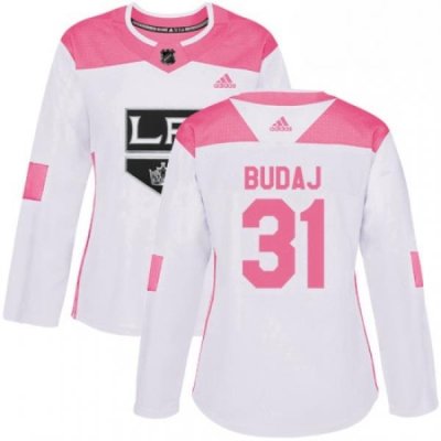 Womens Adidas Los Angeles Kings 31 Peter Budaj Authentic White Pink Fashion NHL Jersey