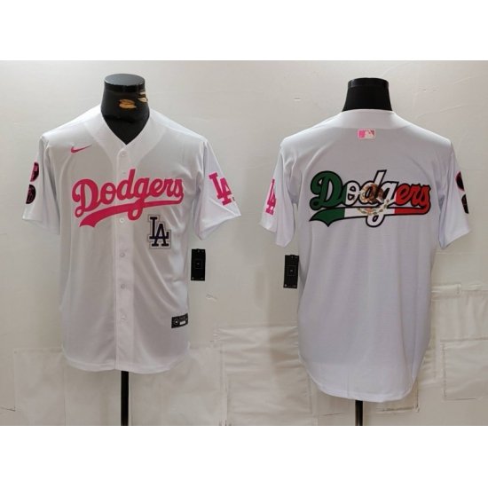 Men Los Angeles Dodgers Team Big Logo White Pink Vin  26 Kobe Patch Stitched Baseball Jersey 001