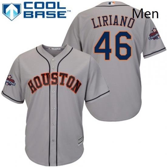 Mens Majestic Houston Astros 46 Francisco Liriano Replica Grey Road 2017 World Series Champions Cool Base MLB Jersey